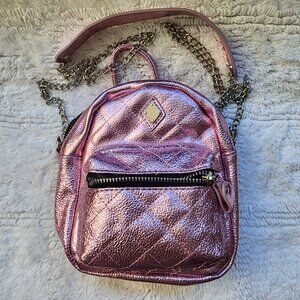 Claire’s mini metallic pink silver 80s backpack style purse crossbody wallet bag